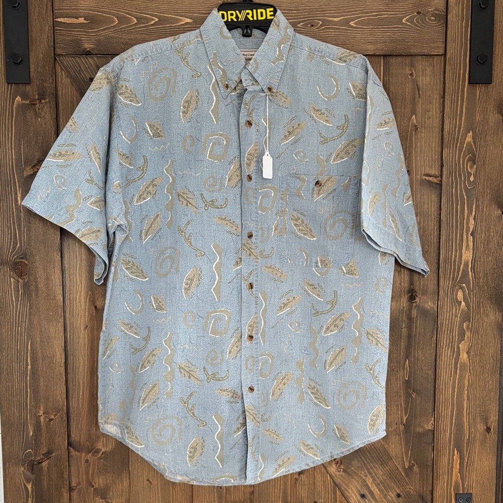 Vintage Bugle Boy Company Button Down Shirt Mens Medium blue leaf abstract 90s
